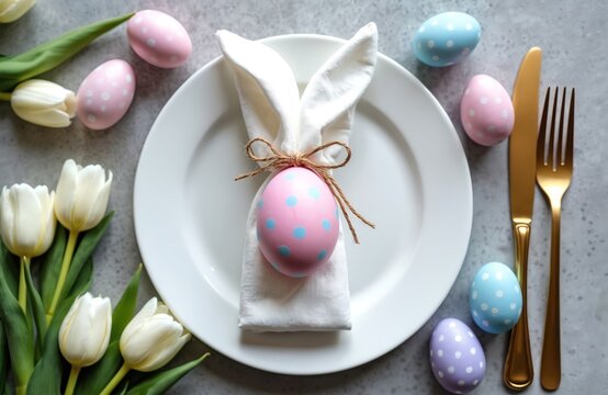 Top view of Easter table setting on gray concrete surface. White plate holds pink speckled egg tied with twine, bunny napkin. Colorful eggs, tulips flowers, cutlery decorate festive dining space. - Powered by Adobe