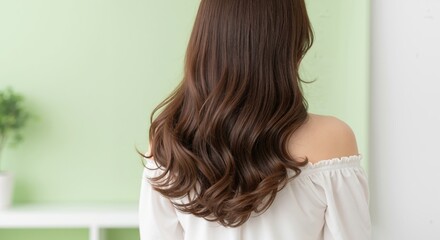 Naklejka premium Rear view of a woman with long, healthy brown wavy hair. Hair care and beauty salon concept. Brunette model with a voluminous hairstyle