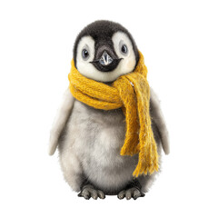 Fototapeta premium Adorable fluffy baby penguin wearing a warm yellow knitted scarf isolated on transparent background