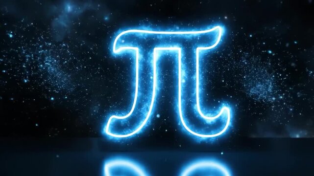 Illuminated pi symbol in a cosmic space with a reflective surface