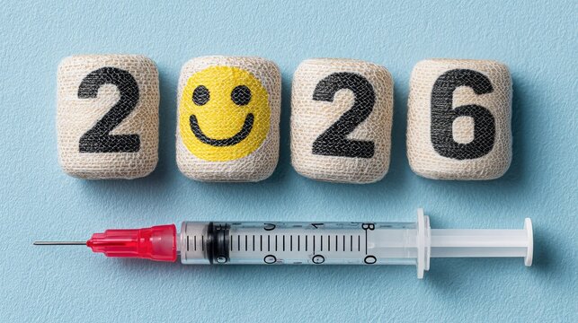 A creative 2026 concept featuring bandaged numbers and a smiley face paired with a syringe on a blue background. A concept for medicine and healthcare in the New Year.