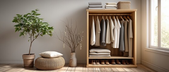 Open wooden closet wardrobe with neutral clothes boxes and shoes in modern Japandi interior symbolizing organization balance and natural lifestyle perfect for home branding and editorial visuals