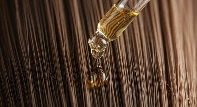 Dropper applying nourishing oil to smooth brown hair. Macro of a cosmetic serum drop for hair care treatment. Beauty and wellness concept