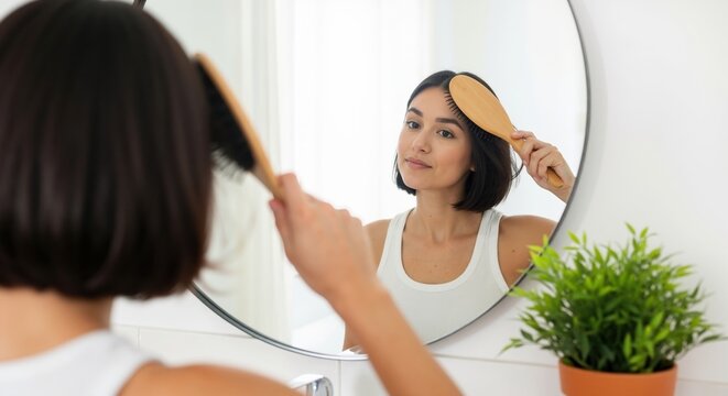 Young woman brushing her short dark hair in front of a mirror. Daily beauty and self-care routine in a modern bathroom