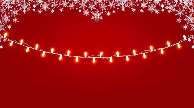 Festive red background with glowing fairy lights and white snowflakes border, perfect for winter holidays.