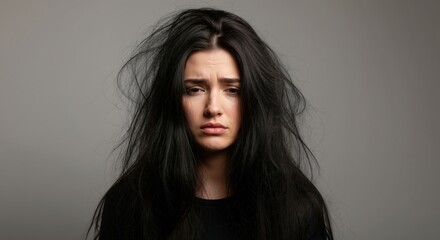 Fototapeta premium Sad woman with messy, tangled, and damaged hair. Portrait of a stressed brunette with hair problems. Hair care and treatment concept