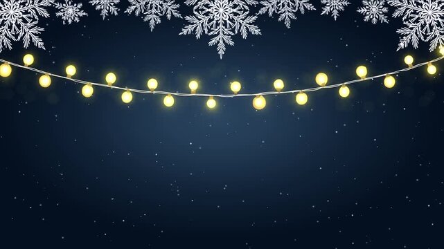 Dark blue winter background with white snowflakes and glowing yellow string lights, creating a festive holiday atmosphere.