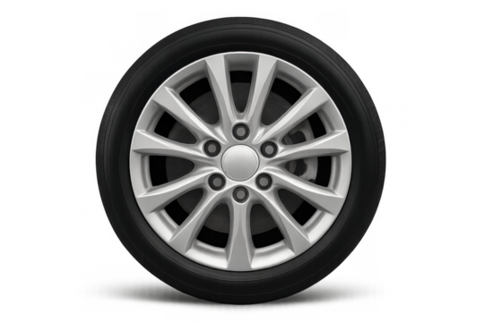 Car wheel and tire with alloy rim in a clean design, depicting automotive spare parts or vehicle maintenance, transparent background
