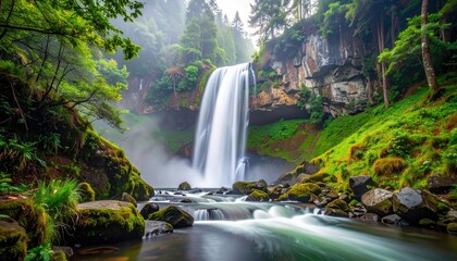 A powerful waterfall plunges into a stream, framed by vibrant green foliage and mossy rocks in a dense forest.