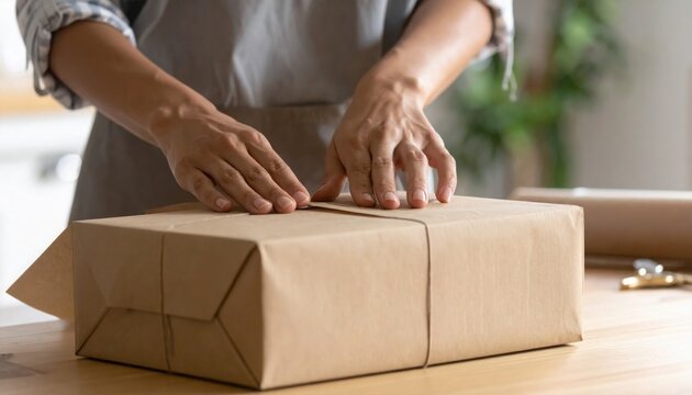 Person carefully wrapping a brown cardboard box on a wooden table.