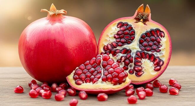 Fresh Ripe Pomegranate Fruit and Seeds on Wooden Surface