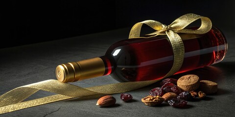 Fototapeta premium Elegant red wine bottle wrapped in a golden ribbon rests on a dark surface, surrounded by dried fruits and nuts