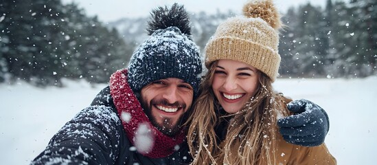 Smiling couple taking a selfie while enjoying a snowy winter vacation in a forest
