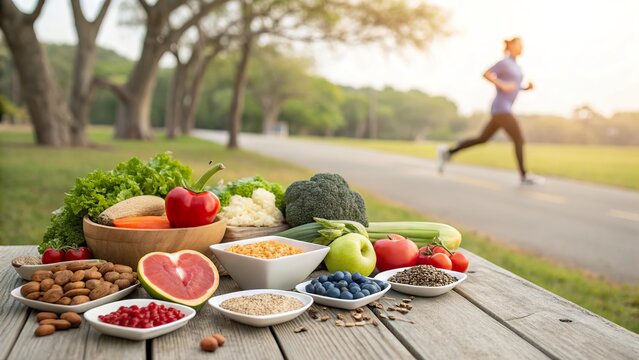 Heart healthy food choices showcased alongside a runner in a park during sunrise