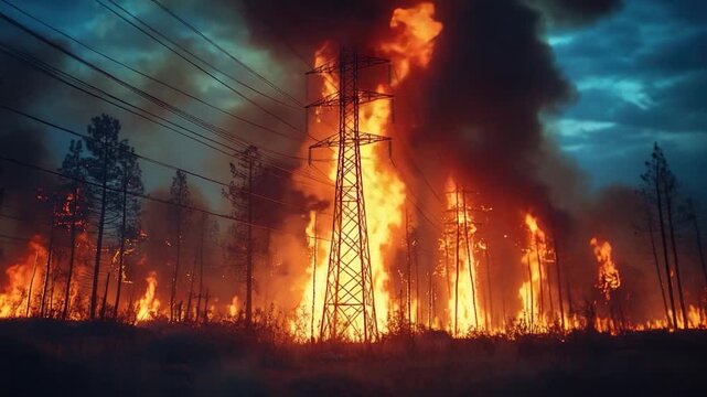 A large fire burns in the middle of a field