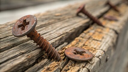 Rusted screw heads embedded in weathered wood reveal signs of age and neglect on a rustic surface