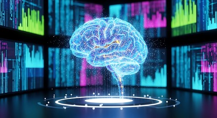 Futuristic glowing brain with digital interface and data streams, representing artificial intelligence, machine learning, and advanced neural networks