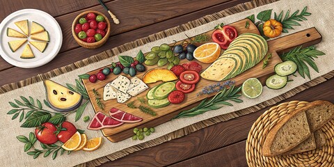 Rustic table runner adorned with a vibrant spread of fresh fruits and cheeses in a cozy setting