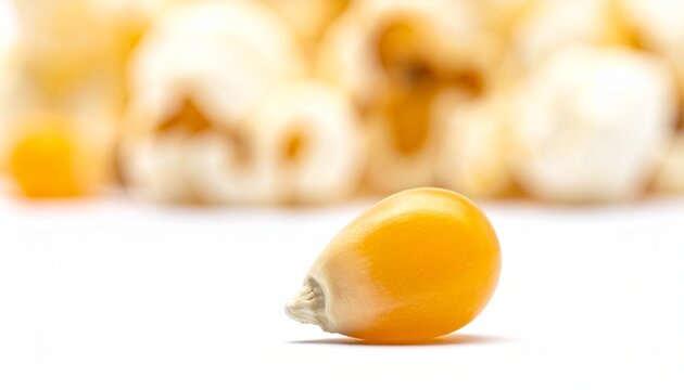 Close-up of a single corn kernel with popped corn in the background.
