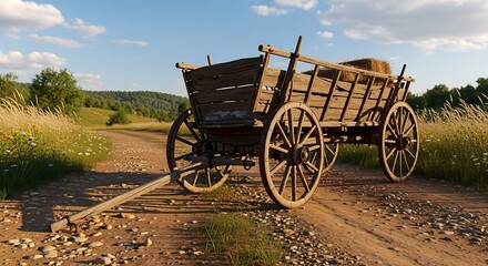 Obraz premium Old wooden cart on a dirt road in a rural landscape.