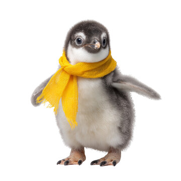 Adorable baby penguin wearing a bright yellow scarf standing and looking forward isolated on transparent background