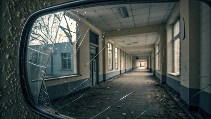 Scratched mirror reflecting distorted view of abandoned corridor during a gloomy afternoon