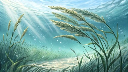 Seagrass gently swaying under the clear water in a sunlit underwater landscape