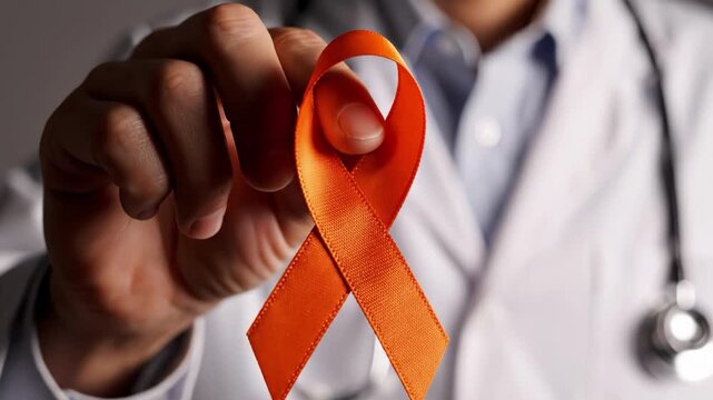 Doctor holding an orange ribbon to raise awareness for leukemia and kidney cancer