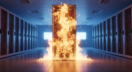 Server rack engulfed in flames, symbolizing data breach, cyber attack, system failure, and the urgent need for robust cybersecurity measures and disaster recovery