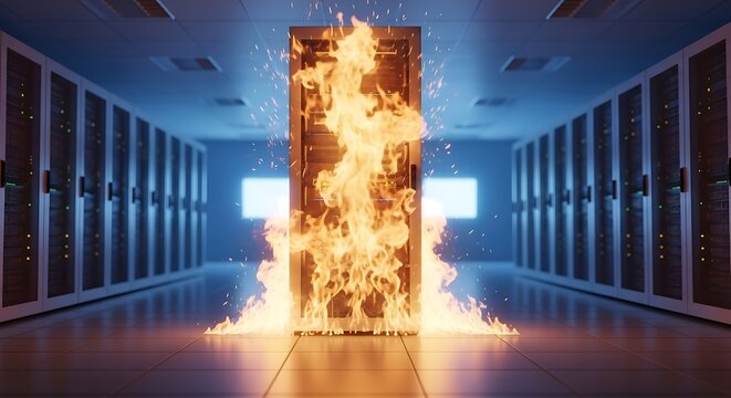Server rack engulfed in flames, symbolizing data breach, cyber attack, system failure, and the urgent need for robust cybersecurity measures and disaster recovery