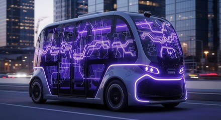 Futuristic Autonomous Bus with Circuit Board Interior Lights
