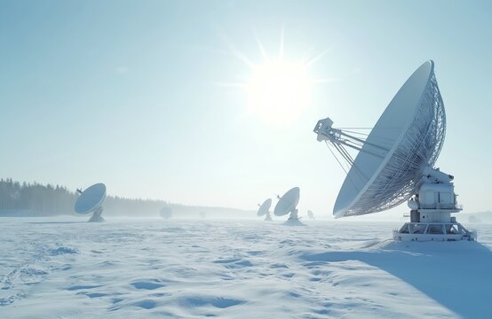 Satellite dishes in snow covered field. Winter landscape with communication towers under bright sun. Radio antennae array connected to global network on frosty day.