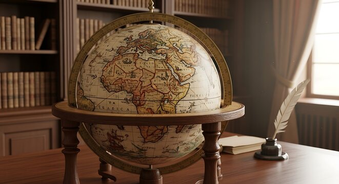 Vintage Globe and Quill Pen in Library Setting - Powered by Adobe