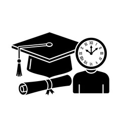 Large graduation cap diploma and student with clock head