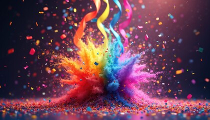 Bright rainbow powder explodes upwards with falling confetti. Streamers twirl above vibrant cloud dust and scattered paper bits. Festive mood for party, celebration or special event.