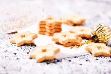 Christmas cookies on bright background. Soft focus. Close up	