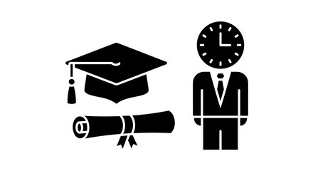Graduation cap diploma and business figure with clock