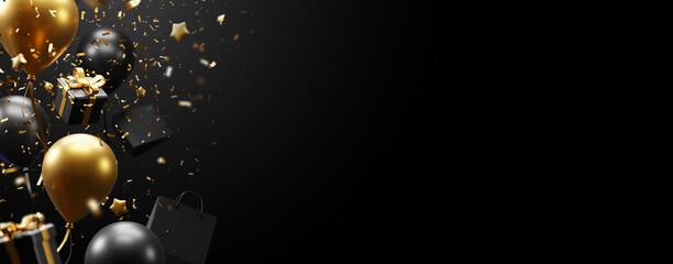 Black friday banner sale design of balloons and gift box with confetti on black background 3D render © ArtBackground