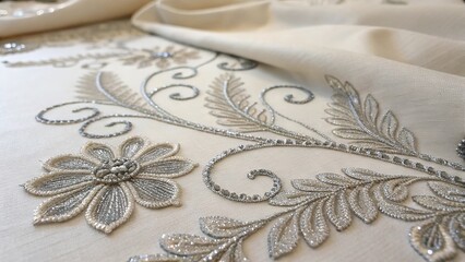 Silver thread embroidery design on fabric highlighting intricate floral patterns and elegant detailing