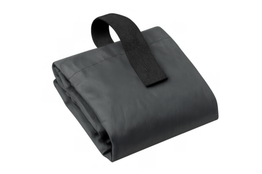 Portable black nylon picnic blanket with strap handle, folded for easy carrying during outdoor travel activities