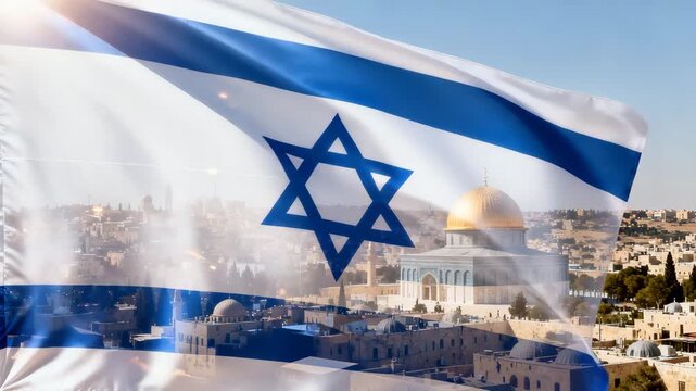 The Israeli flag waves in the wind while the camera stays still The blue stripes and Star of David ripple gently as the Dome of the Rock and the historic Jerusalem skyline appear through the moving 