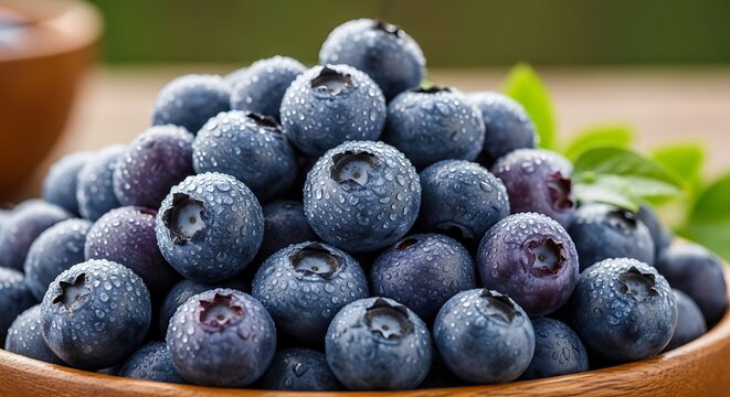 Fresh Blueberries with Water Droplets in Wooden Bowl