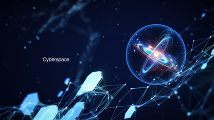 Futuristic glowing orb with orbiting rings and network connections in cyberspace abstract