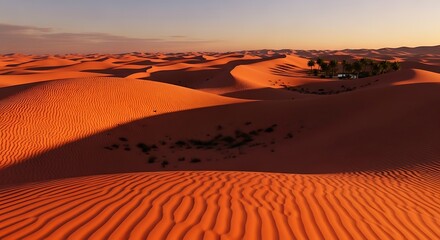Serene Desert Oasis with Palm Trees at Sunset