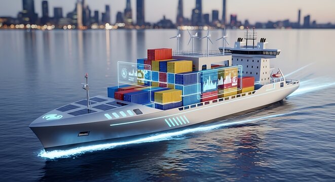Futuristic Container Ship with Digital Data Displays and Wind Turbines
