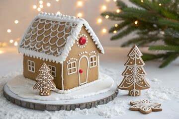 Festive gingerbread house with christmas tree cookies and holiday lights background