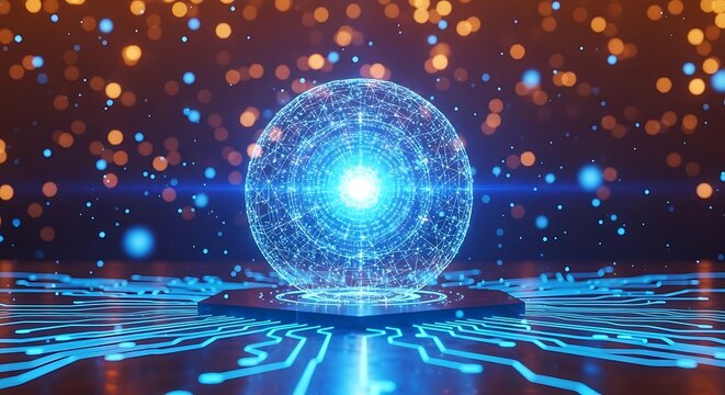 Futuristic glowing sphere on a circuit board with bokeh lights, representing advanced technology, artificial intelligence, and the digital age concept
