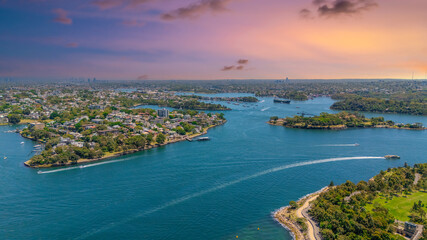 Fototapeta premium 18 November 2025 Panoramic night view of Sydney Harbour and City Skyline of NSW Australia beautiful colourful skies on a beautiful spring day