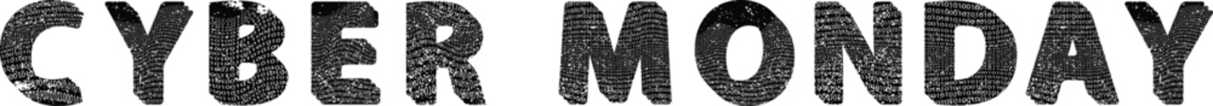 Cyber Monday grunge typography with distresses black letters , bold rough and glitched texture style for modern promo design and sale promotion. Ideal for bold advertising layouts.