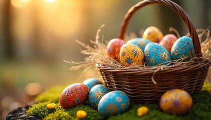 Wicker basket holds colorful painted eggs with floral patterns nestled in straw. Eggs rest on mossy ground in soft golden sunset light. Springtime celebration decor is ready for easter egg hunt.